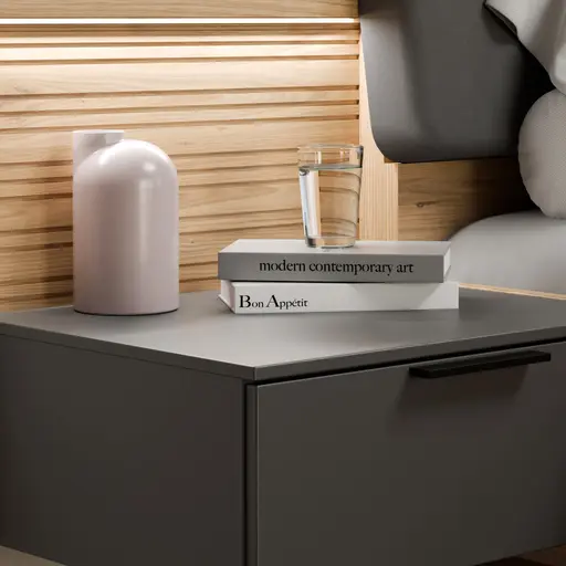 Bettgestell FALLEA- Liegefläche ca. 180x200 cm, inkl. 2 Nakos, Wildeiche Natur, Dunkelgrau