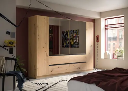 Drehtürenschrank RASA- B ca. 136 cm, Eiche Dekor, Spiegel