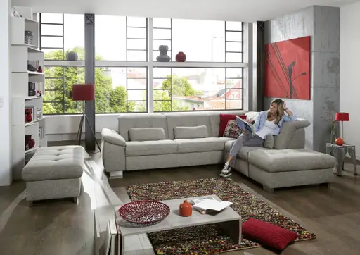 Ecksofa - 3-Sitzer mit Ecke rechts, Kopfteil verstellbar, Stoff, Silbergrau