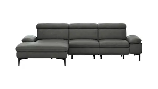 Ecksofa Felipa - Longchair links mit 2,5-Sitzer inkl. Armlehne verstellbar und Rückenlehne/Sitztiefe verstellbar (motorisch), Leder, Grau