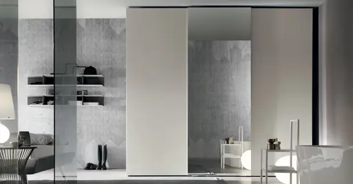Schiebetuerenschrank Loretto - B ca. 304 cm, Lack, Hellgrau, Spiegel