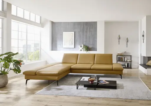 Ecksofa - Longchair links und 3-Sitzer, Armlehne verstellbar, Leder, Kurkuma