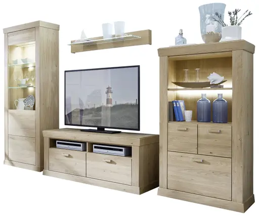 Wohnwand - mit Beleuchtung, Asteiche teilmassiv