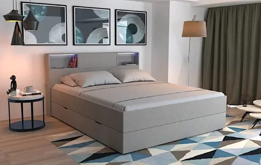 Boxspringbett - Liegefläche ca. 180x200 cm, inkl. Beleuchtung, Ablage u. USB-Anschluss, Stoff, Hellgrau