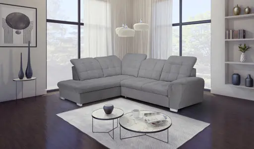 Ecksofa - Ecke links, 2-Sitzer inkl. Schlaffunktion und Bettkasten, verstellbare Kopfstützen, Stoff, Grau