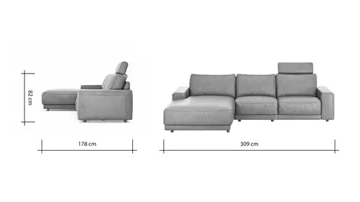 Ecksofa Balok - Longchair groß links mit 2,5-Sitzer, inkl. Relaxfunktion (motorisch) und Kopfstütze, Leder, Dunkelbraun