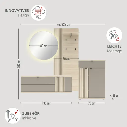 Garderobe - mit Beleuchtung, Riva Eiche Nachbildung, Basalt