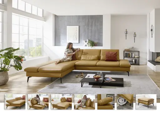 Ecksofa - Longchair links und 3-Sitzer, Armlehne verstellbar, Leder, Kurkuma