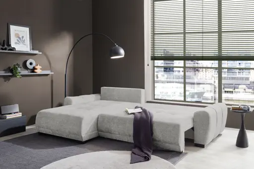Ecksofa - Longchair links mit 2-Sitzer, Schlaffunktion mit Bettkasten, Stoff, Silbergrau