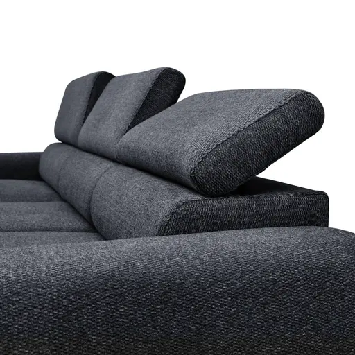 Ecksofa - Longchair links mit 2-Sitzer, Sitzvorzug motorisch, Kopfteil verstellbar, Stoff, Schwarzgrau