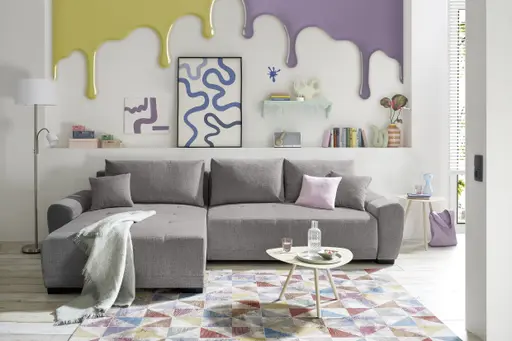 Ecksofa - Longchair links mit 2-Sitzer, Schlaffunktion mit Bettkasten, Stoff, Steingrau