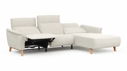 Ecksofa Nevin - 2-Sitzer mit Longchair rechts, inkl. Relaxfunktion (motorisch) und Kopfpolsterverstellung, Stoff, Weiß