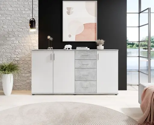 Kommode - B ca. 160 cm, Betonoptik, Weiß