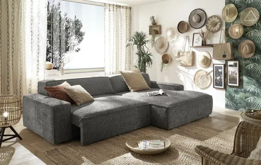 Ecksofa - 2-Sitzer mit Longchair rechts, Sitzvorzug motorisch, Stoff, Steingrau