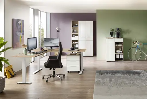 Winkelschreibtisch - höhenverstellbar, LB ca. 185x177 cm, Artisan Eiche Nachbildung, Weiß