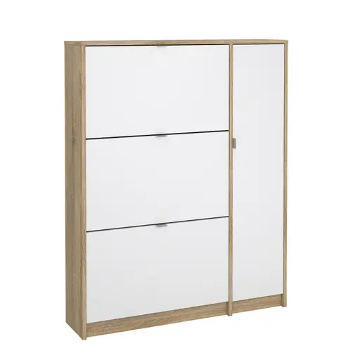 Schuhschrank - B ca. 99 cm, Eiche Struktur Nachbildung, Weiß Hochglanz