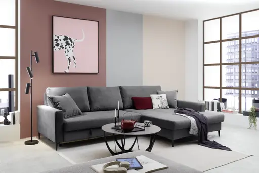 Ecksofa - 3-Sitzer mit Longchair rechts, Schlaffunktion mit Bettkasten, Stoff, Anthrazit