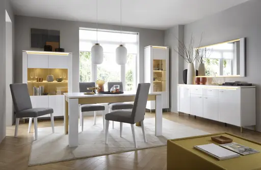 Vitrine - mit Beleuchtung, Alpinweiß, Goldfarben, Weiß Hochglanz