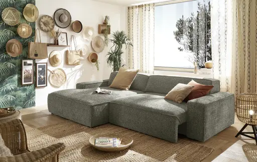 Ecksofa - Longchair links mit 2-Sitzer, Sitzvorzug motorisch, Stoff, Graubraun