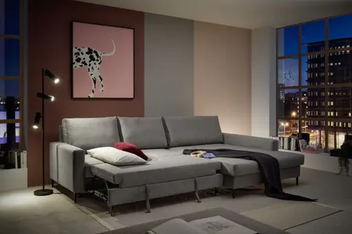 Ecksofa - 3-Sitzer mit Longchair rechts, Schlaffunktion mit Bettkasten, Stoff, Eisengrau