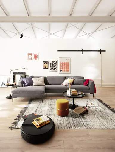 Ecksofa Lenni Full - Longchair links mit 3-Sitzer, Velour, Mocca, bündige Kissen