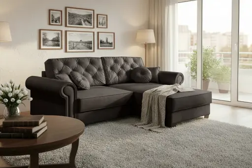  Ecksofa - Sofa 2-Sitzer mit Longchair rechts, Schlaffunktion mit Bettkasten, Stoff, Espresso