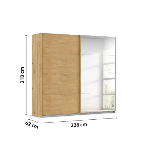Schwebetürenschrank ROTIA- B ca. 226 cm, Eiche Dekor, Spiegel