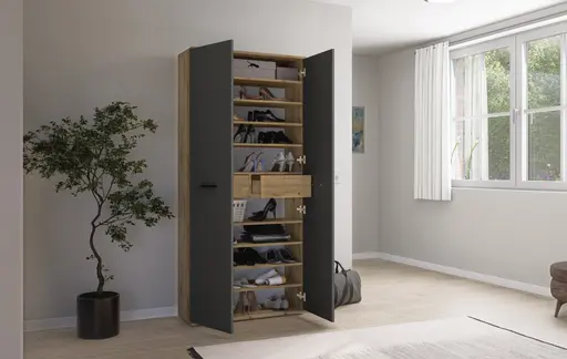 Schuhschrank - B ca. 90 cm, Artisan Eiche Nachbildung, Anthrazit