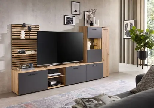 Wohnwand- Eiche  Dekor, Anthrazit