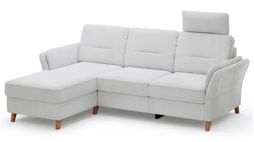 Ecksofa Vayra - Longchair links mit 2,5-Sitzer rechts, inkl. Relaxfunktion (motorisch) und Kopfstütze verstellbar (manuell), Stoff, Offwhite