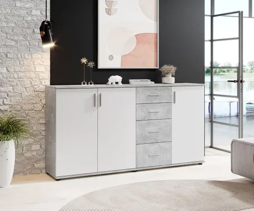 Kommode - B ca. 160 cm, Betonoptik, Weiß