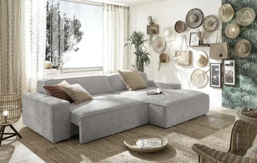 Ecksofa - 2-Sitzer mit Longchair rechts, Sitzvorzug motorisch, Stoff, Silbergrau