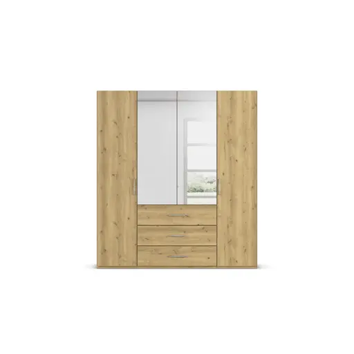 Drehtürenschrank - B. ca. 201 cm, mit Spiegeltüren und 3 Schubkästen, Fronten Asteiche Massiv