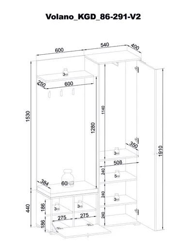 Kompaktgarderobe- Eiche Dekor, Schwarz