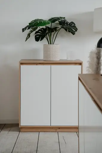 Kommode - B ca. 79 cm, Artisan Eiche Nachbildung, Weiß Hochglanz