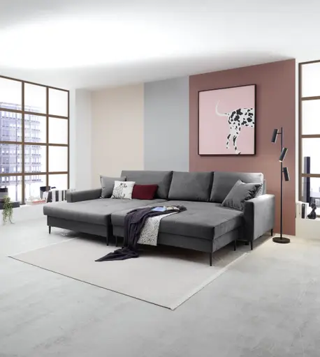 Ecksofa - Longchair links mit 3-Sitzer, Schlaffunktion mit Bettkasten, Stoff, Anthrazit