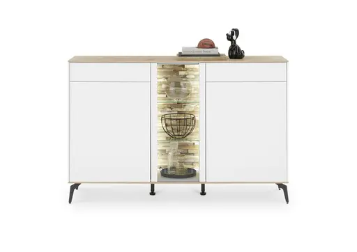 Sideboard - mit Beleuchtung, B ca. 159 cm, Weiß, Asteiche, Schwarz