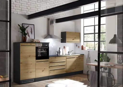 Küchenblock- Inkl. E-Geräte, B ca. 320 cm, Anthrazit, Eiche Dekor