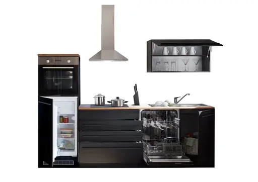 Küchenblock- inkl. E-Geräte, B ca. 260 cm, Schwarz, Matt