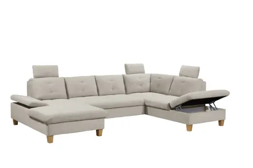 Wohnlandschaft - Ecke links, 2-Sitzer, Longchair rechts inkl. Schlaffunktion mit Bettkasten, Stoff, Hellgrau