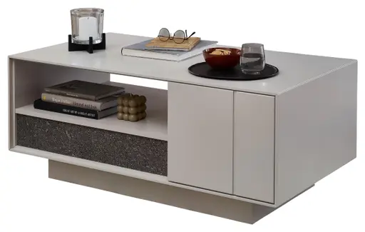 Couchtisch - mit Schubkasten, LBH ca. 110x60x45 cm, Creme Lack, Absetzung: Granit Steinfurnier