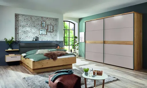 Schwebetürenschrank - B. ca. 230 cm, Wildeiche, Lack, Weiß