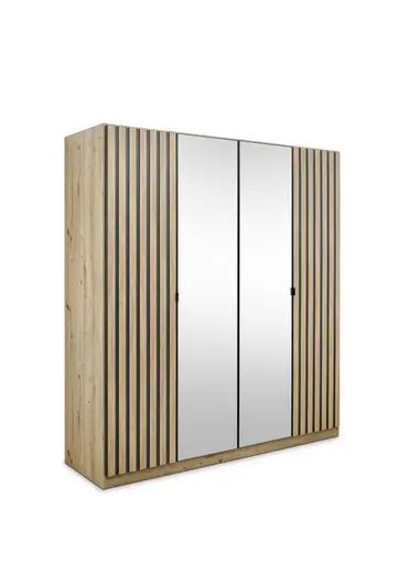 Drehtürenschrank RUERTO- B ca. 181 cm, Eiche Dekor, Dunkelgrau, Paneel, Eiche Dekor, Spiegel