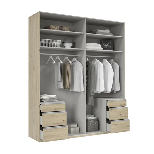 Drehtürenschrank- B ca. 200 cm, Eiche Dekor, Weiß, Spiegel