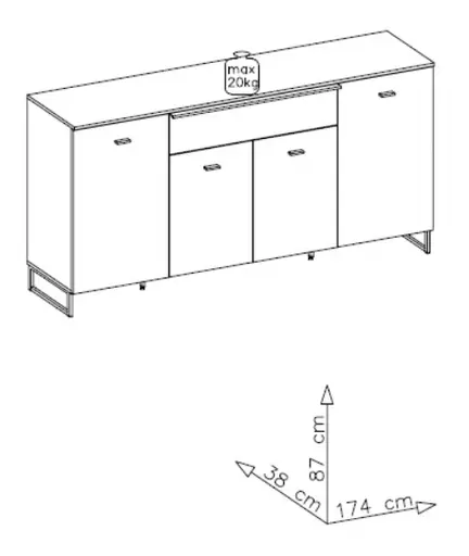 Sideboard - mit Beleuchtung, B ca. 174 cm, Graphit, Marmor Nachbildung hell