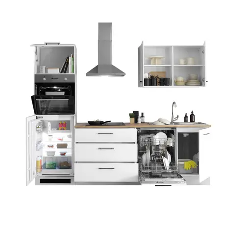 Küchenblock- inkl. E-Geräte, B ca. 260 cm, Weiß Matt, Eiche Dekor