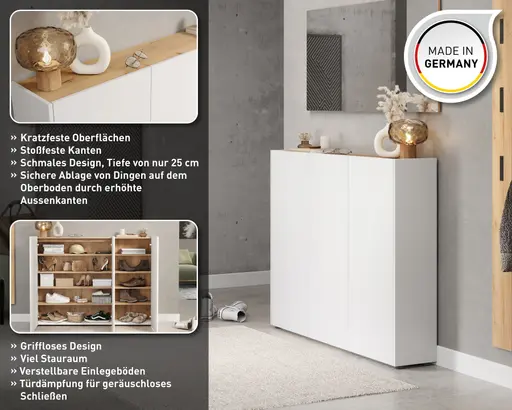 Schuhschrank GASIRA - B ca. 138 cm, Weiß, Navarra Eiche Nachbildung