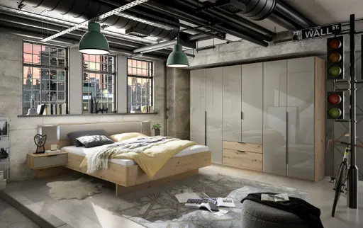 Drehtürenschrank WANJA- B ca. 135 cm, Eiche Dekor, Glas, Saharagrau