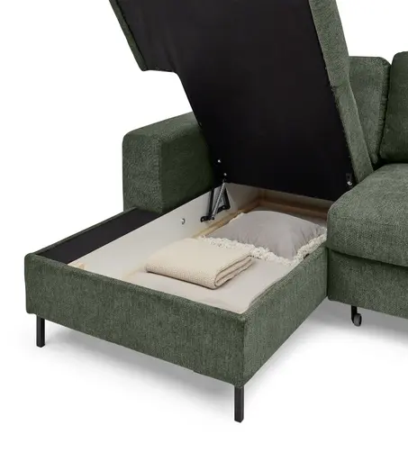 Ecksofa - Longchair links mit 2-Sitzer, Stoff, Dunkelgrün