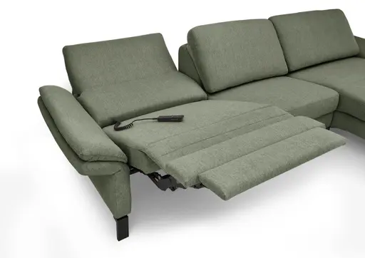 Ecksofa CALM PREMIUM 2.0 - Longchair links mit 3-Sitzer, Relaxfunktion motorisch, Armlehne verstellbar, Stoff, Dunkelgrün